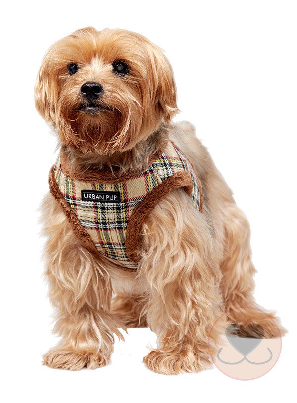 Mooie jurk linnen coupon Urban Pup Luxe bont gevoerd bruin tartan tuigje - Hondenboutique Twents  Snuitje